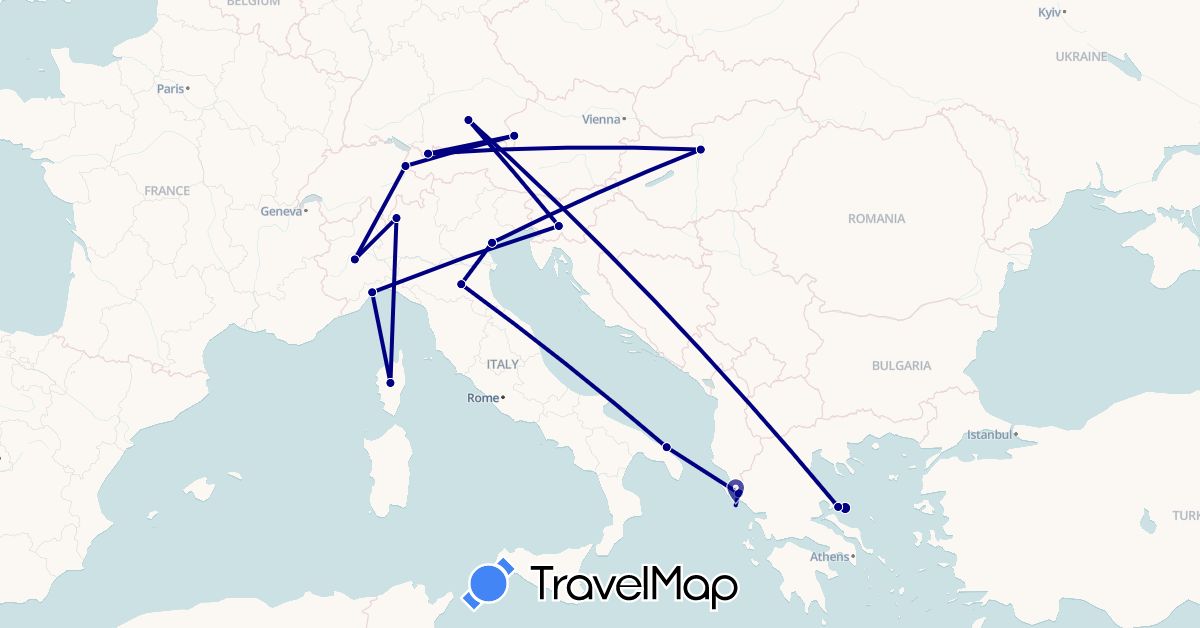 TravelMap itinerary: driving in Austria, Germany, France, Greece, Hungary, Italy, Liechtenstein, Slovenia (Europe)